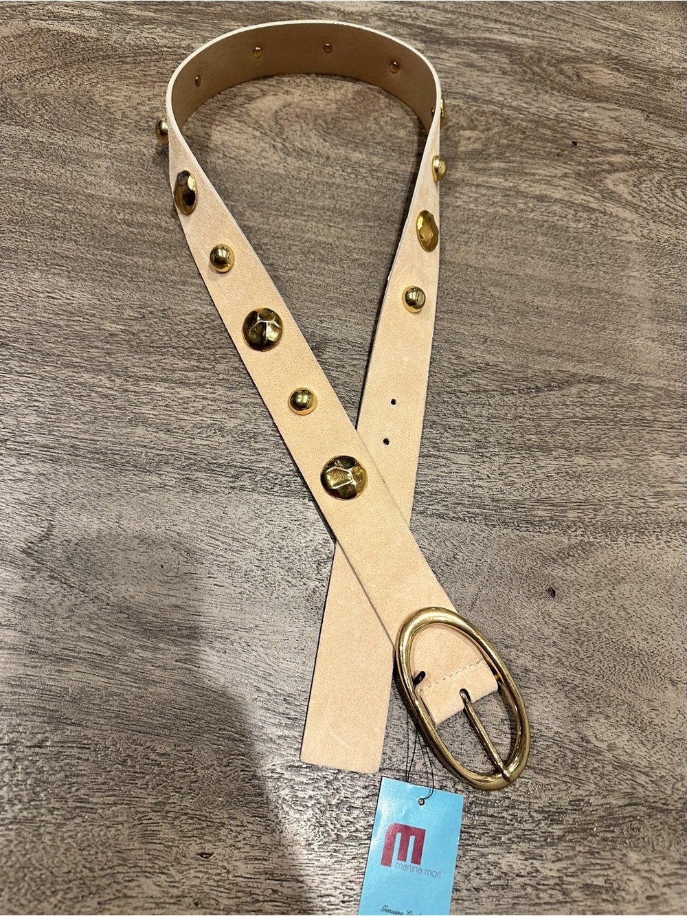 NWT MARTINA MORI Made In Italy Suede Belt With Gold Tone Round Studs All Over OS